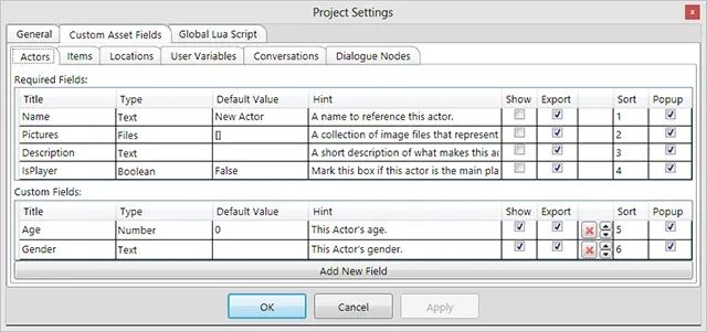The custom asset fields setup