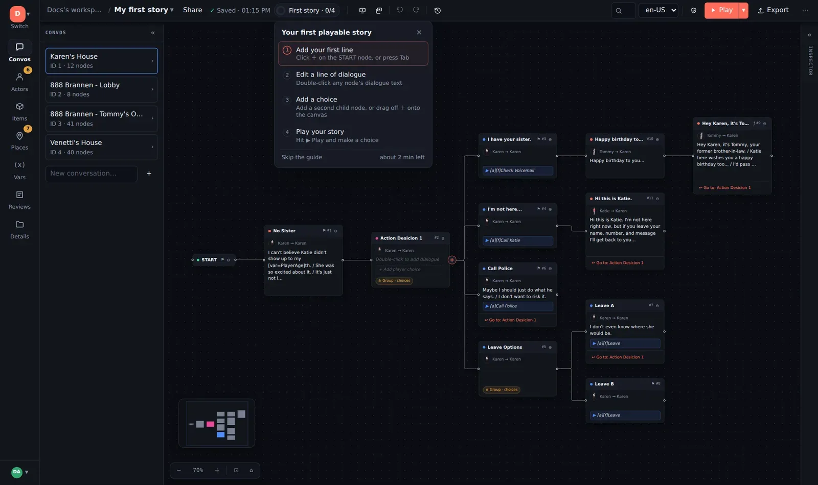 The first-run guide: add a line, edit a line, add a choice, play
