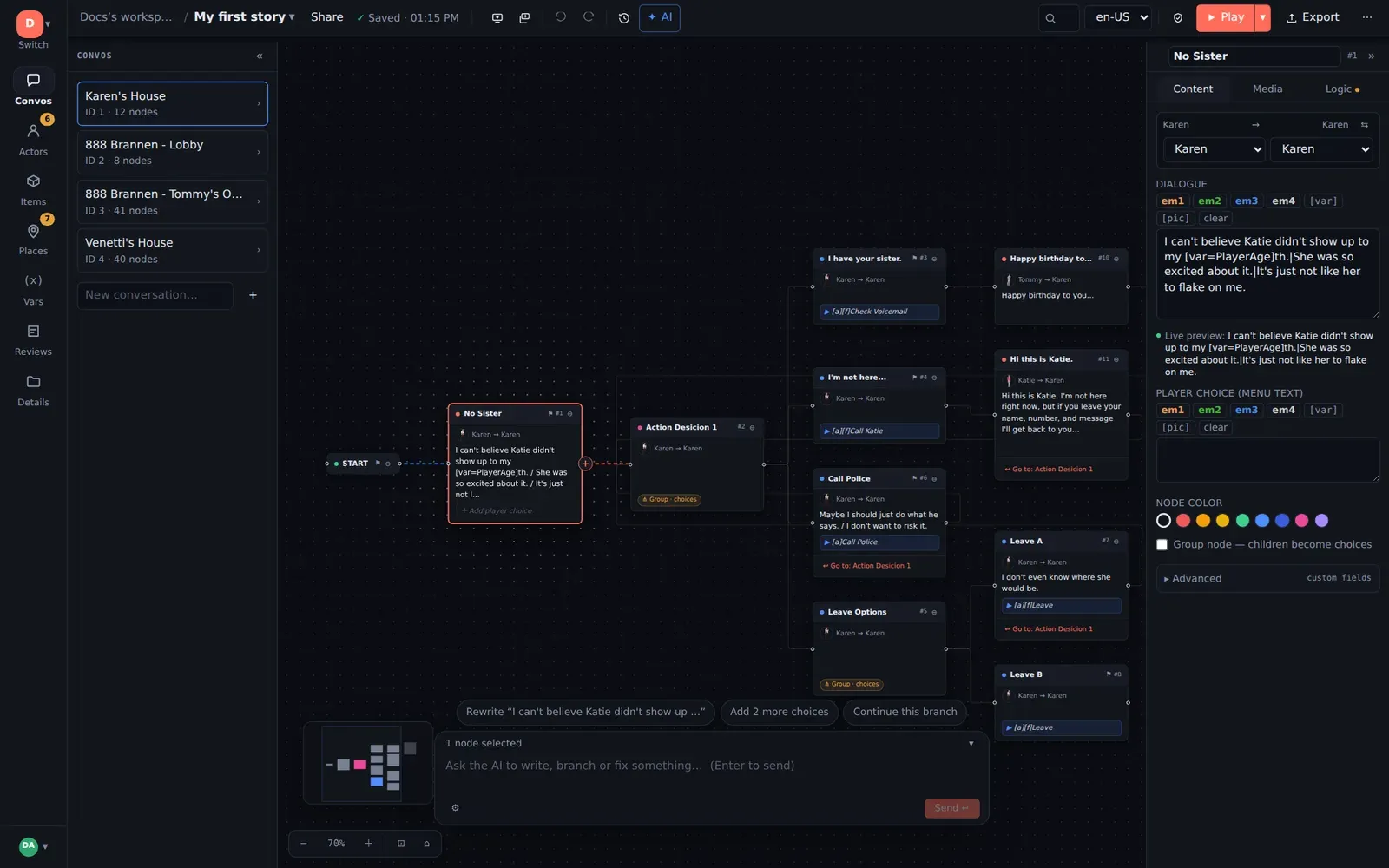 The ChatMapper editor with a conversation open on the canvas
