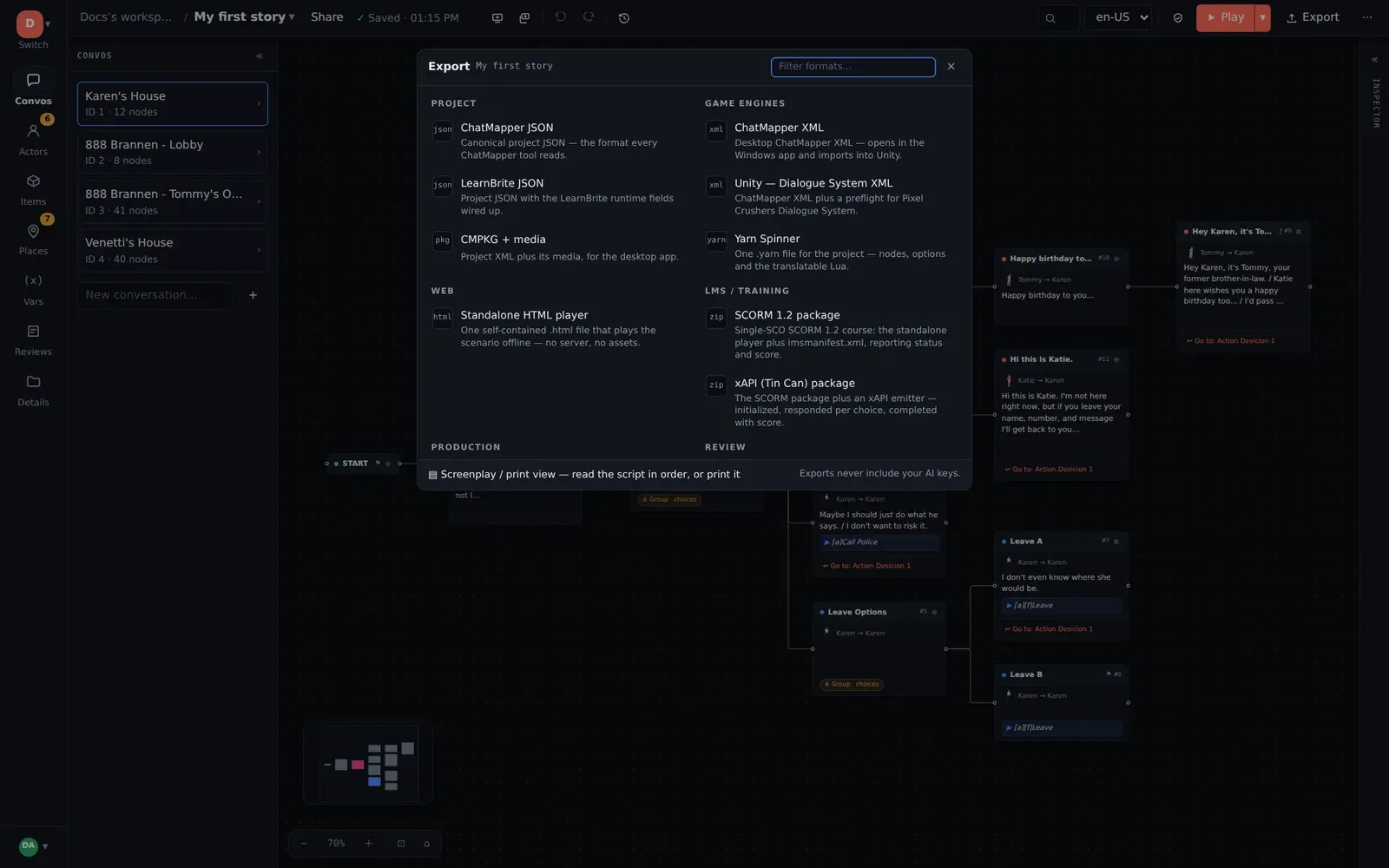 The Export menu, grouped into project, game engines, web, LMS, production and review