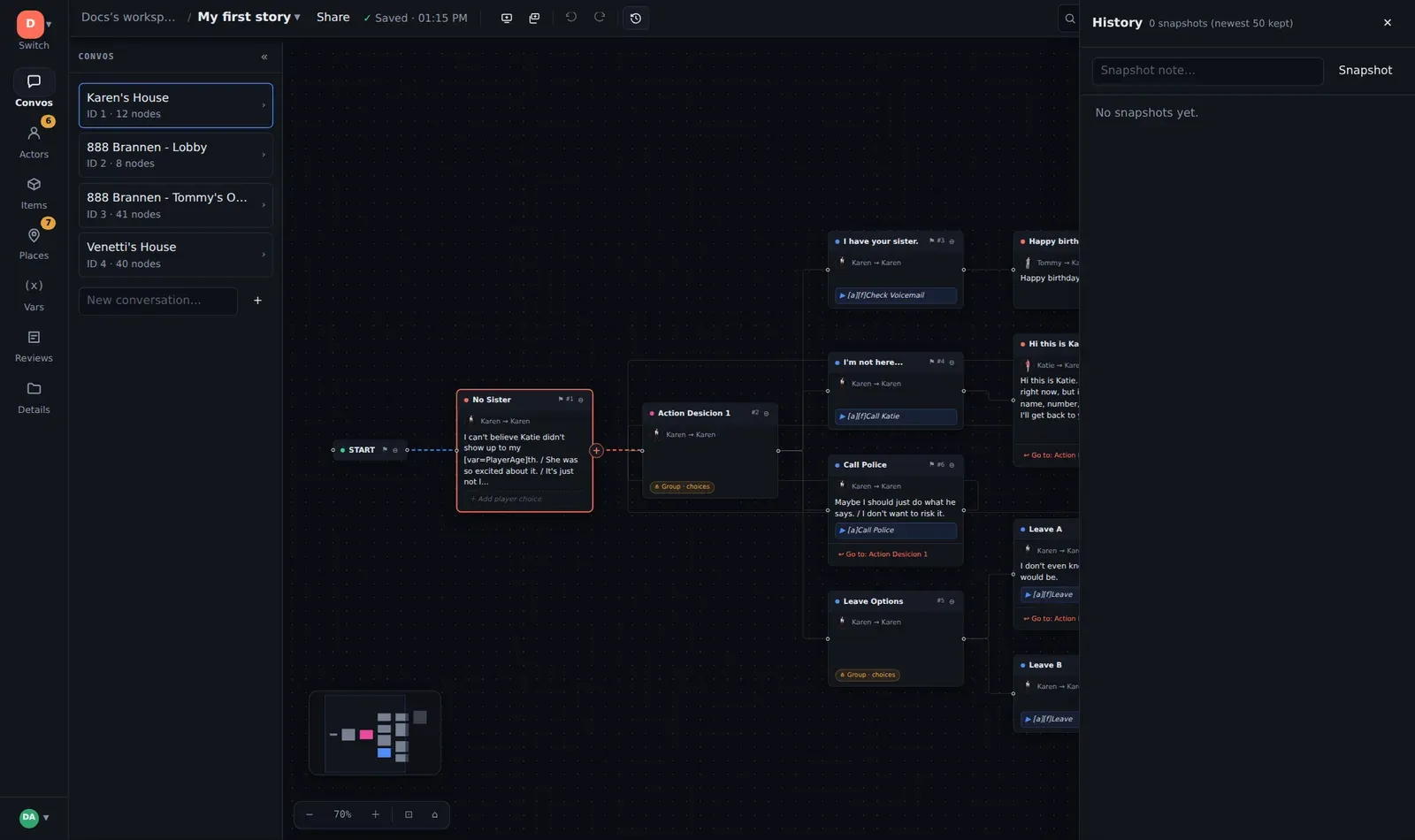 The History panel with a snapshot note field and the revision list