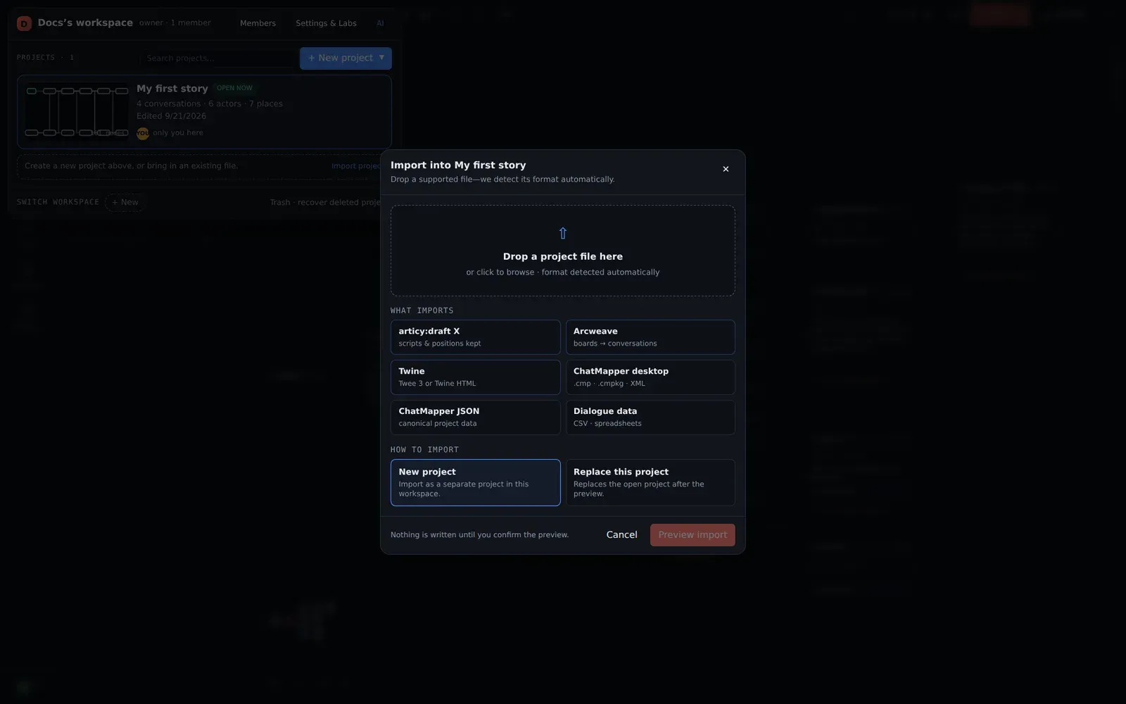The import dialog: drop a file, see what imports, choose new or replace