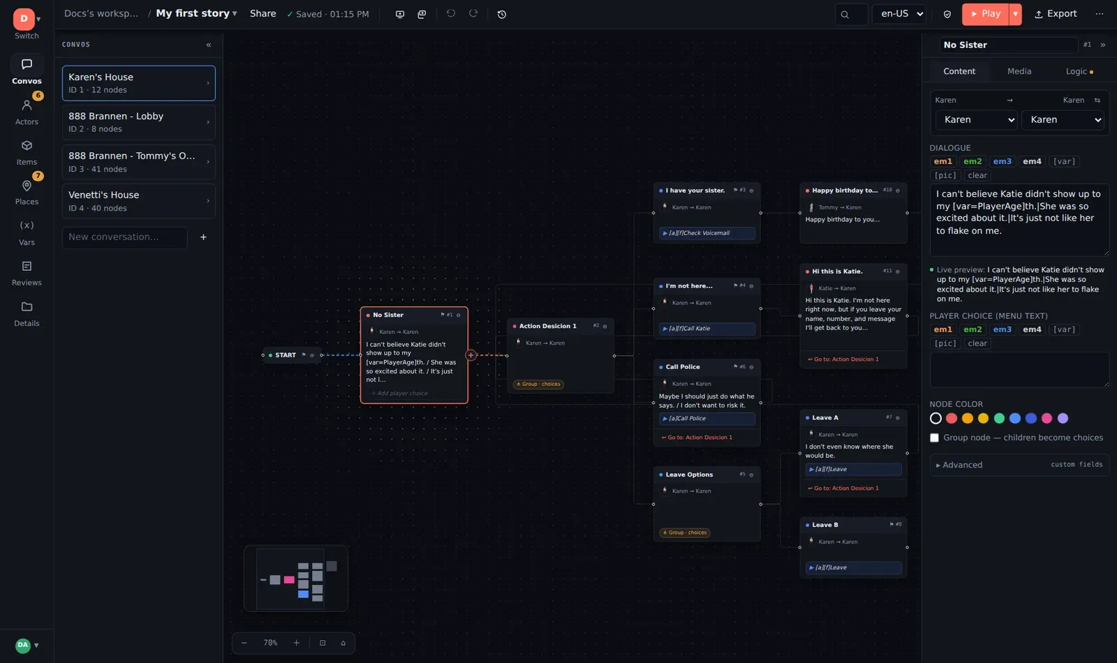 The Inspector's Content tab for a selected node