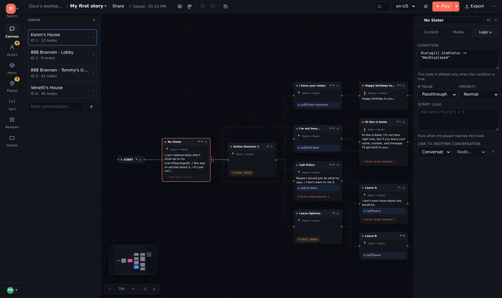 The Inspector's Logic tab: condition, if-false action, priority, script