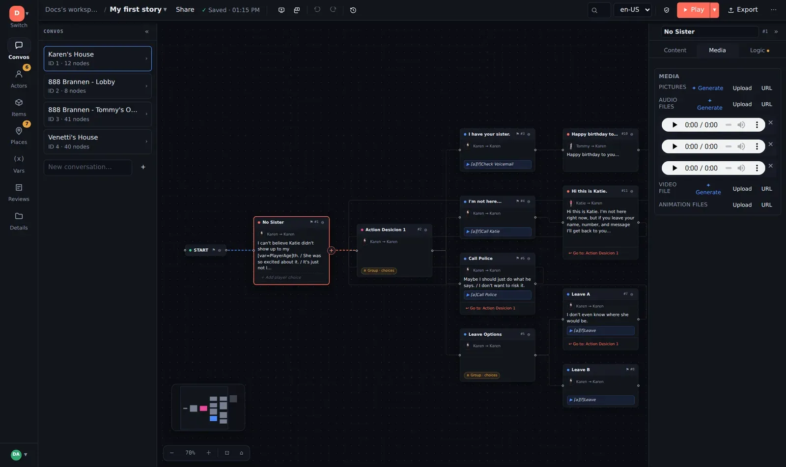 The Inspector's Media tab with audio, video, animation and picture slots