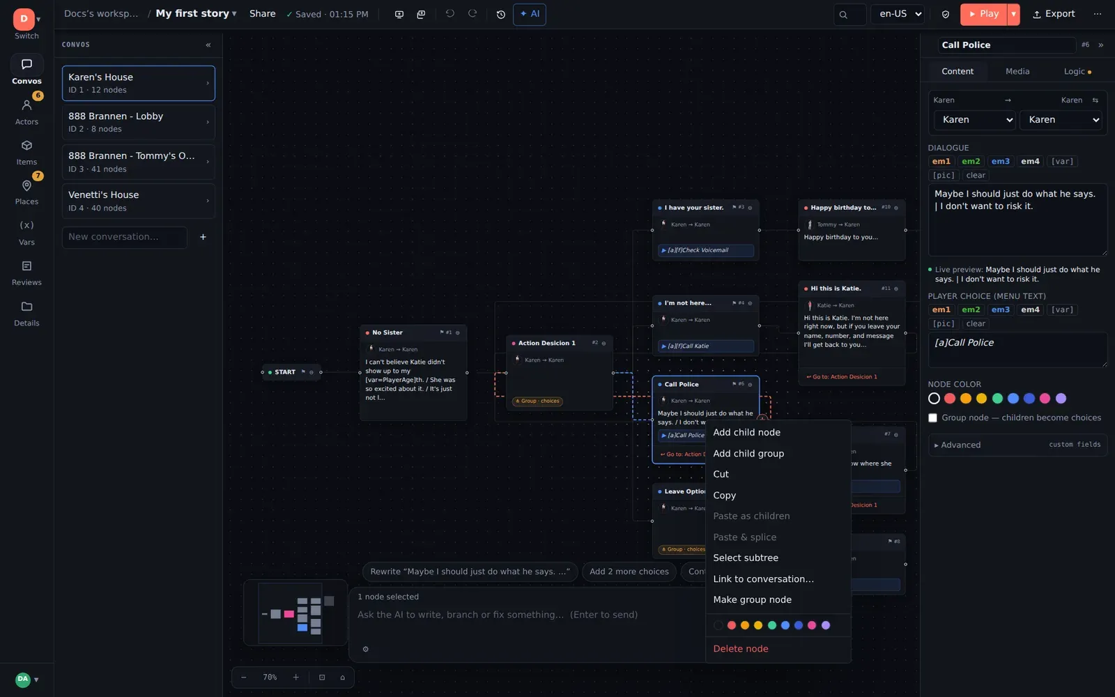 A node's right-click menu