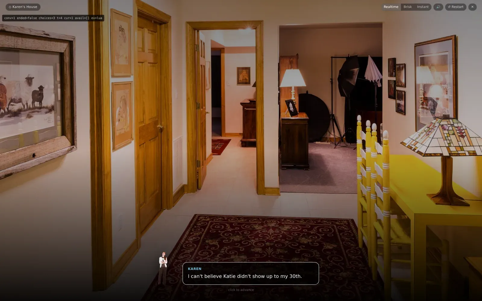 Play mode: a line of dialogue over the scene picture