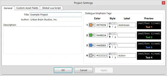 Project settings: emphasis colours and labels