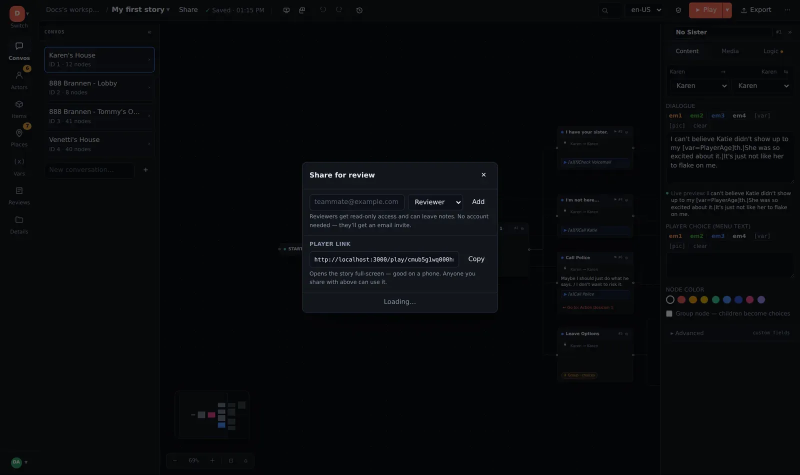 The Share dialog: invite by email, choose a role, copy the player link