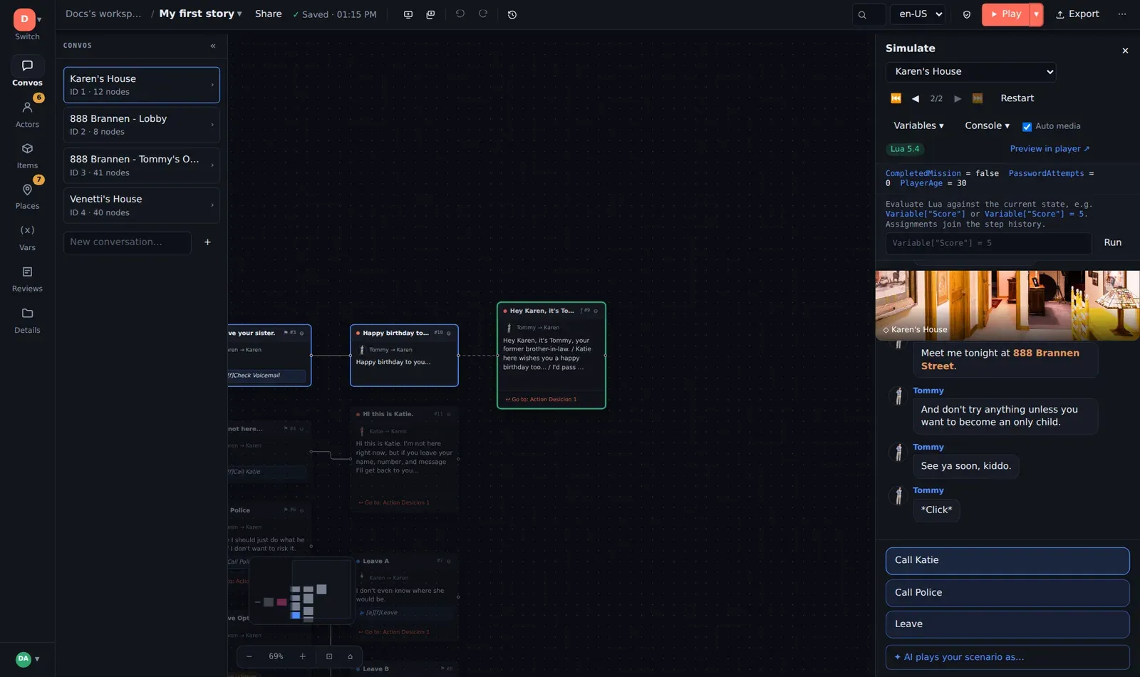The simulator with Variables and the Lua console open
