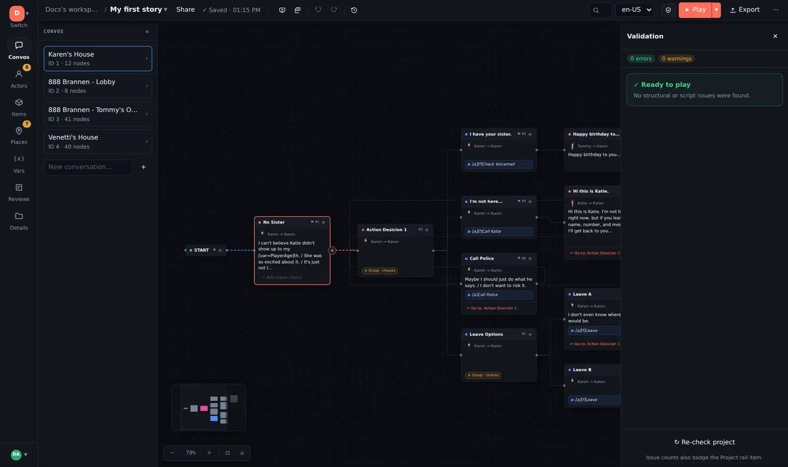 The Validation panel: ready to play, no issues