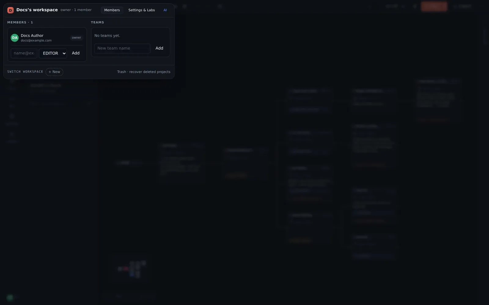 The Members tab: members with roles, and teams