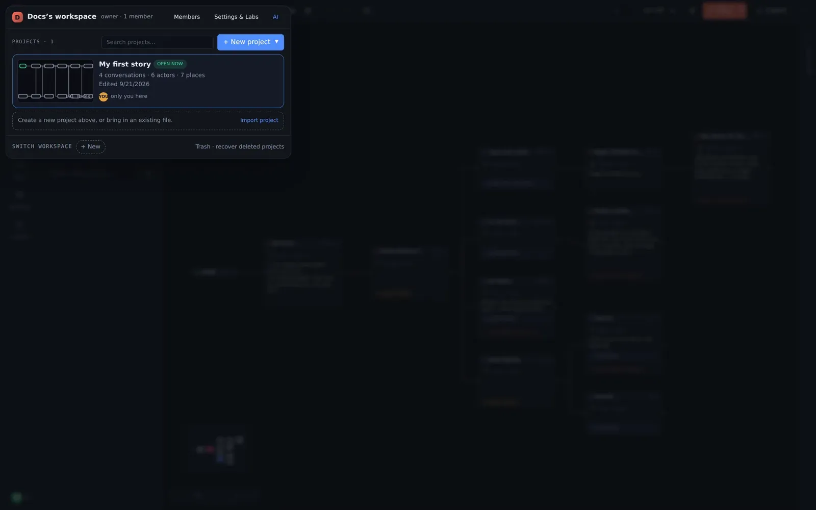 The workspace panel: projects, members, settings, trash