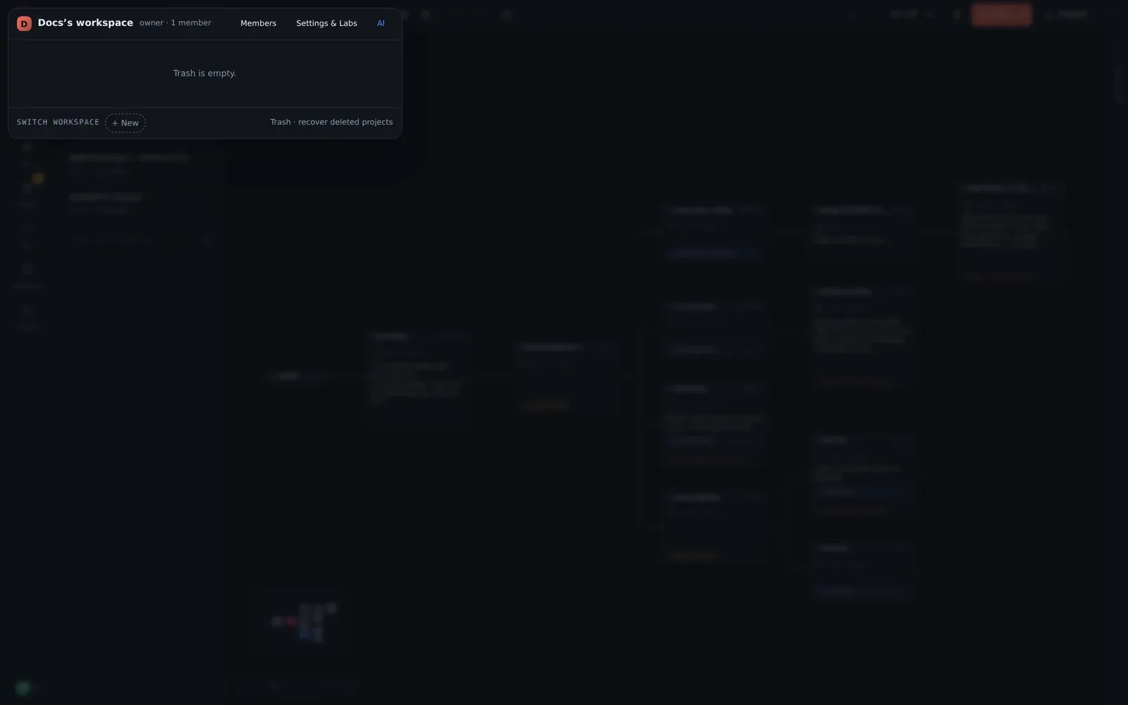 The Trash view in the workspace panel